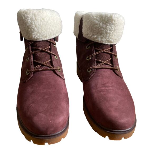 Timberland Jayne Waterproof Teddy Fleece Fold Down Boot in Burgundy  9 - Picture 2 of 5